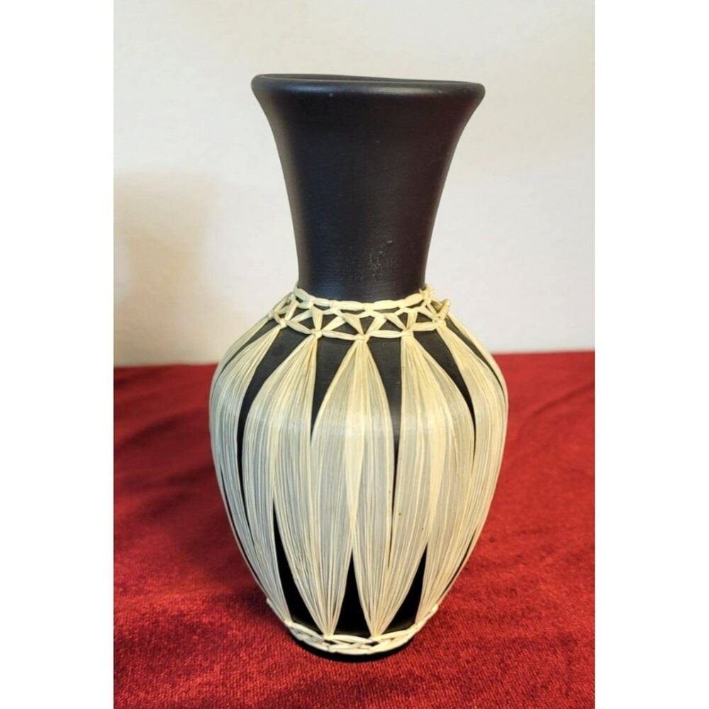 Austrian Matte Black Gmunder Keramick Vase Raffia  Wrapped CT332